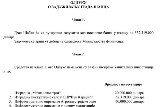 Vlast će zadužiti Šapčane za više od pola milijarde dinara
