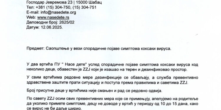 Pojava koksaki virusa u dva vrtića