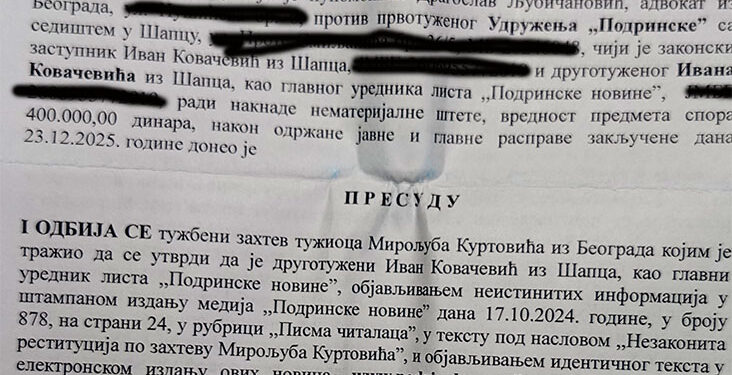 Odbijen tužbeni zahtev Miroljuba Kurtovića protiv „Podrinskih“
