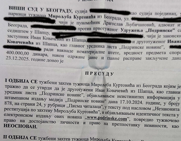 Odbijen tužbeni zahtev Miroljuba Kurtovića protiv „Podrinskih“