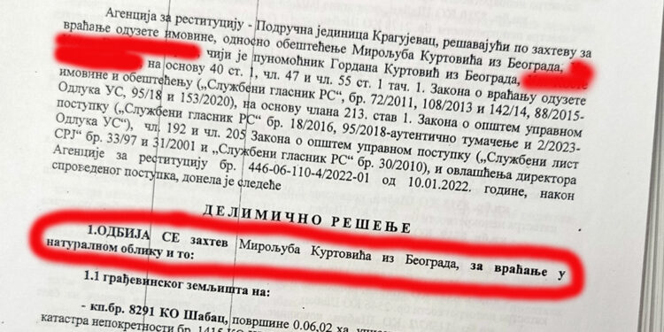 Odbijen zahtev Miroljuba Kurtovića za vraćanje imovine u naturalnom obliku